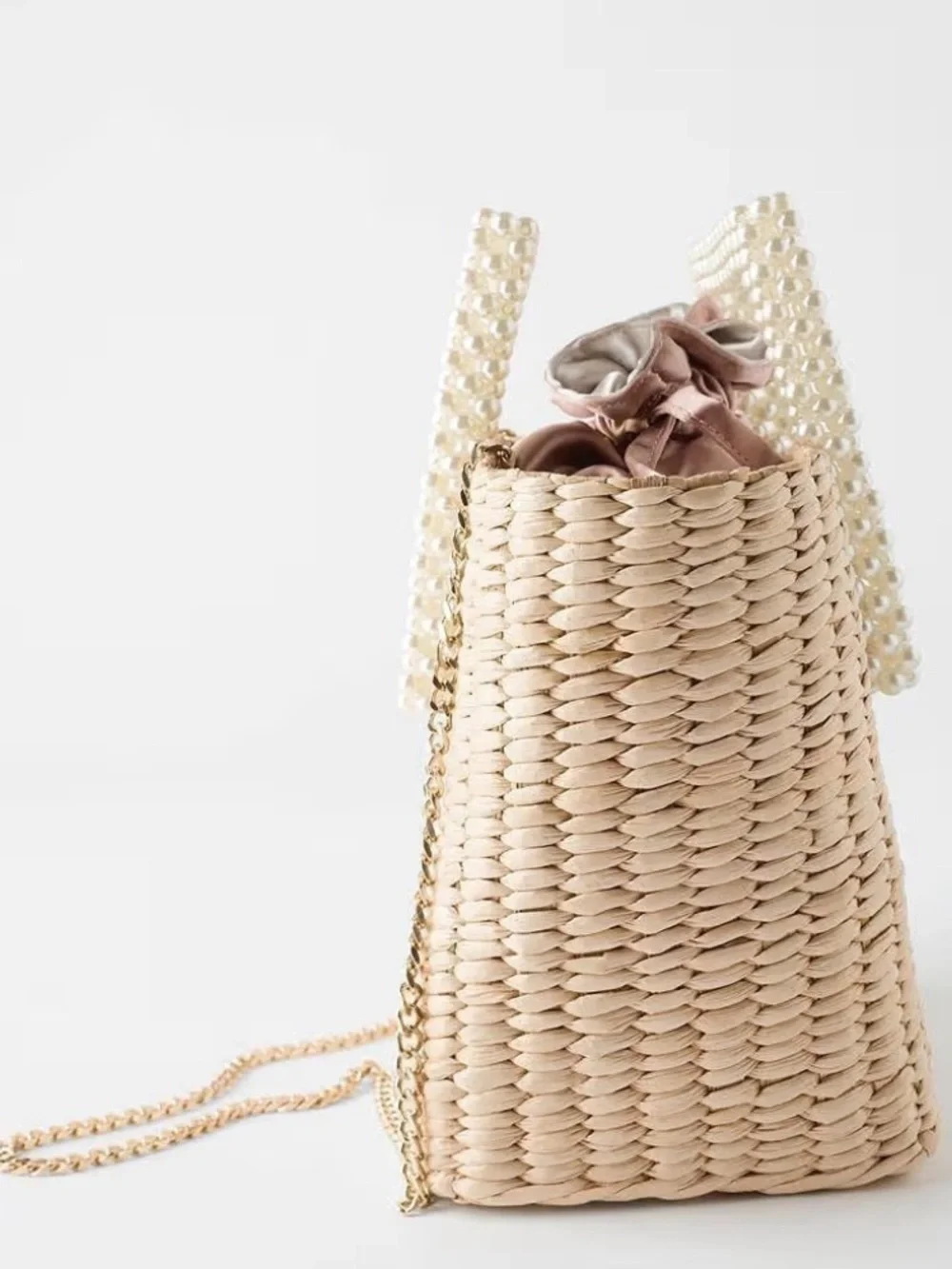 Pearl Handle Woven Straw Tote Bag in Natural and Blush